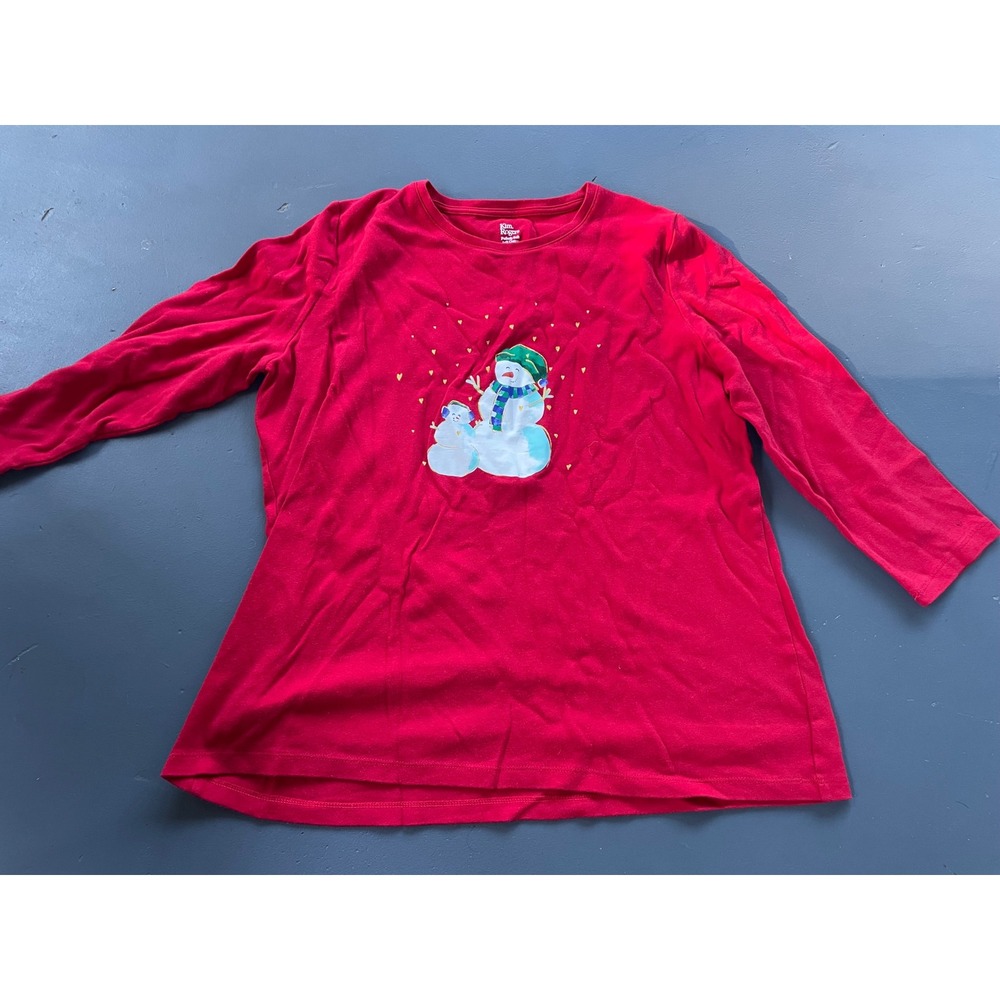 Kim Rogers Womens Red Snowman Graphic Long Sleeve Cotton Tee Shirt Large
